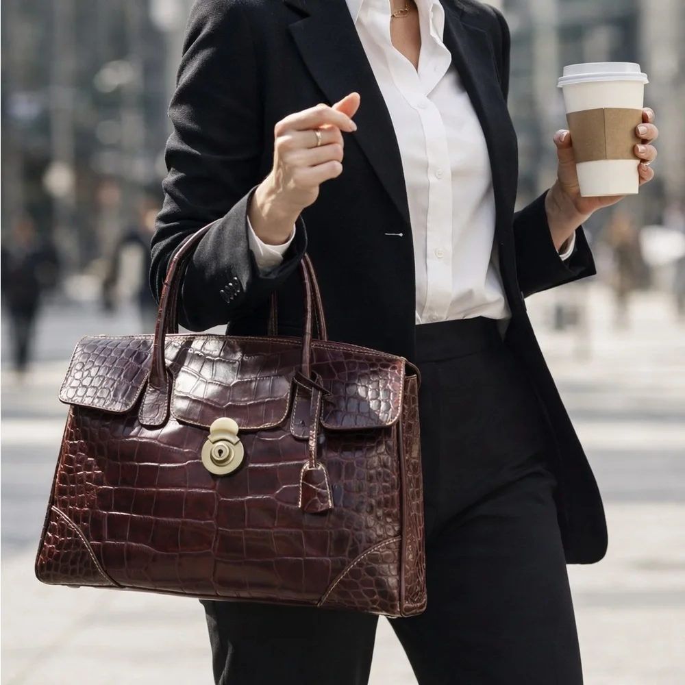 Michael Rome Croc Embossed Leather Satchel - Picture 1 of 11